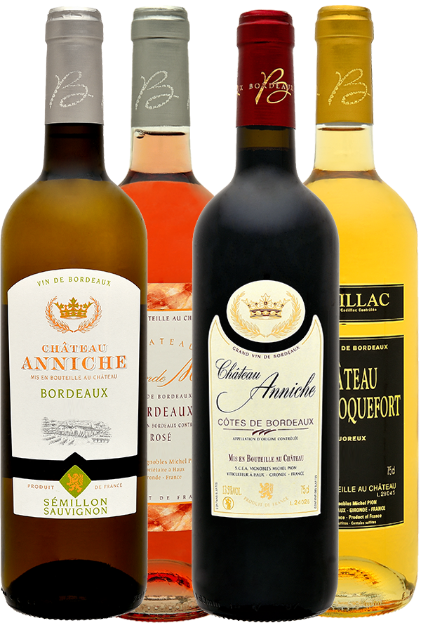 Collection de bouteilles de vins de Bordeaux – assortiment raffiné de crus rouges et blancs issus du vignoble bordelais, mêlant tradition viticole et élégance française.