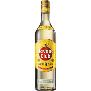 Bouteille de rhum Havana Club 3 ans d'âge – rhum cubain ambré vieilli en fût, au goût suave et équilibré, parfait pour les cocktails classiques comme le Mojito ou le Daiquiri.