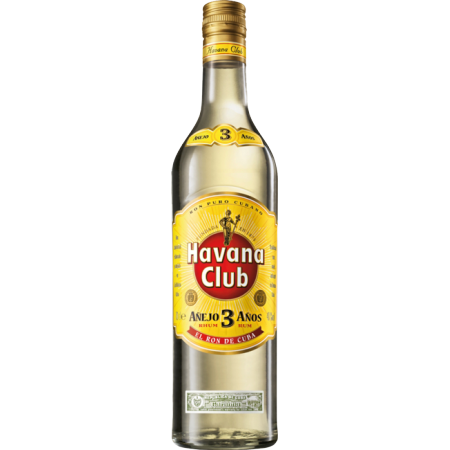 Bouteille de rhum Havana Club 3 ans d'âge – rhum cubain ambré vieilli en fût, au goût suave et équilibré, parfait pour les cocktails classiques comme le Mojito ou le Daiquiri.
